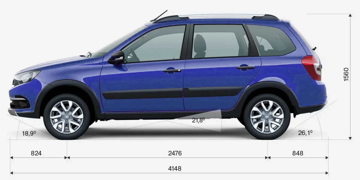 Габариты LADA Granta Cross сбоку: длина 4148 мм, высота 1560 мм, колёсная база 2476 мм, углы 18,9°/26,1°