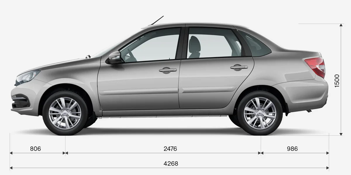 Габариты LADA Granta седан сбоку: длина 4268 мм, высота 1500 мм, колёсная база 2476 мм