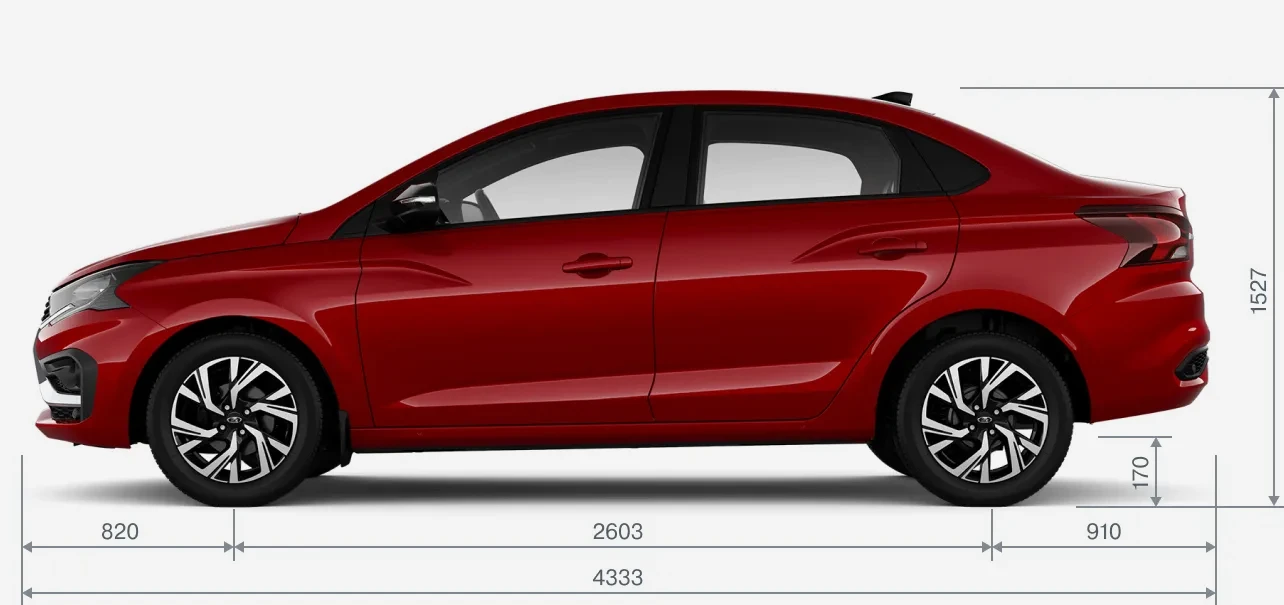 Габариты LADA Iskra седан сбоку: длина 4333 мм, высота 1527 мм, колёсная база 2603 мм, клиренс 170 мм