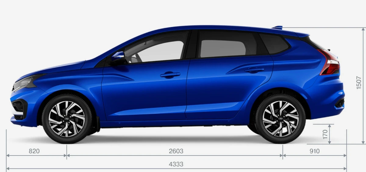 Габариты LADA Iskra SW (универсал) сбоку: длина 4333 мм, высота 1507 мм, колёсная база 2603 мм, клиренс 170 мм