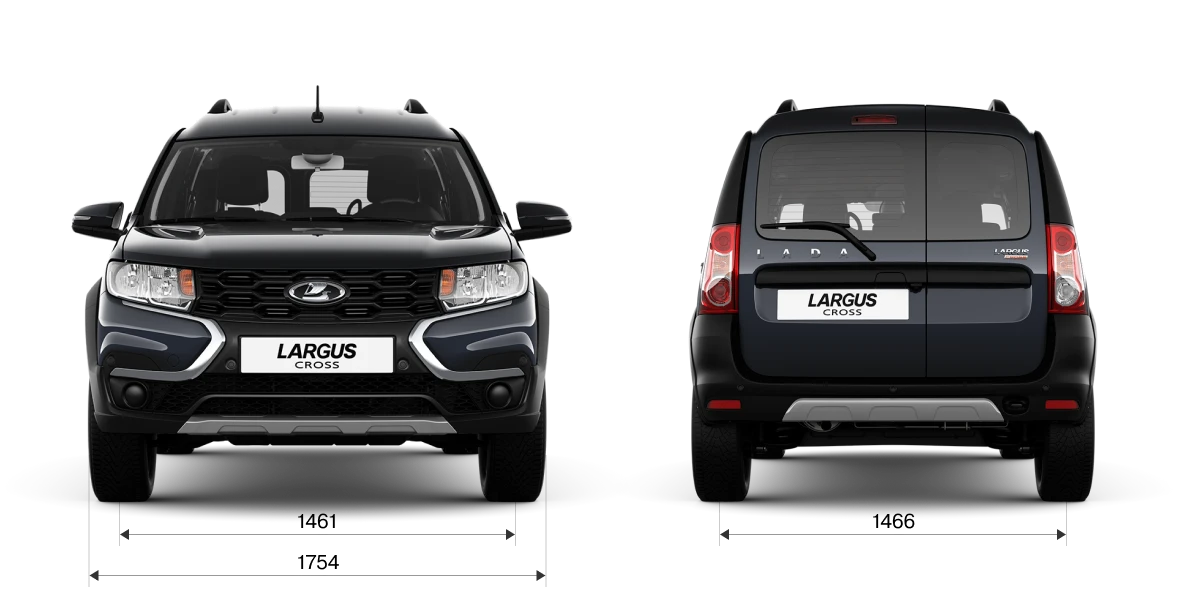 Габариты LADA Largus Cross спереди и сзади: ширина 1754 мм, колея 1461/1466 мм