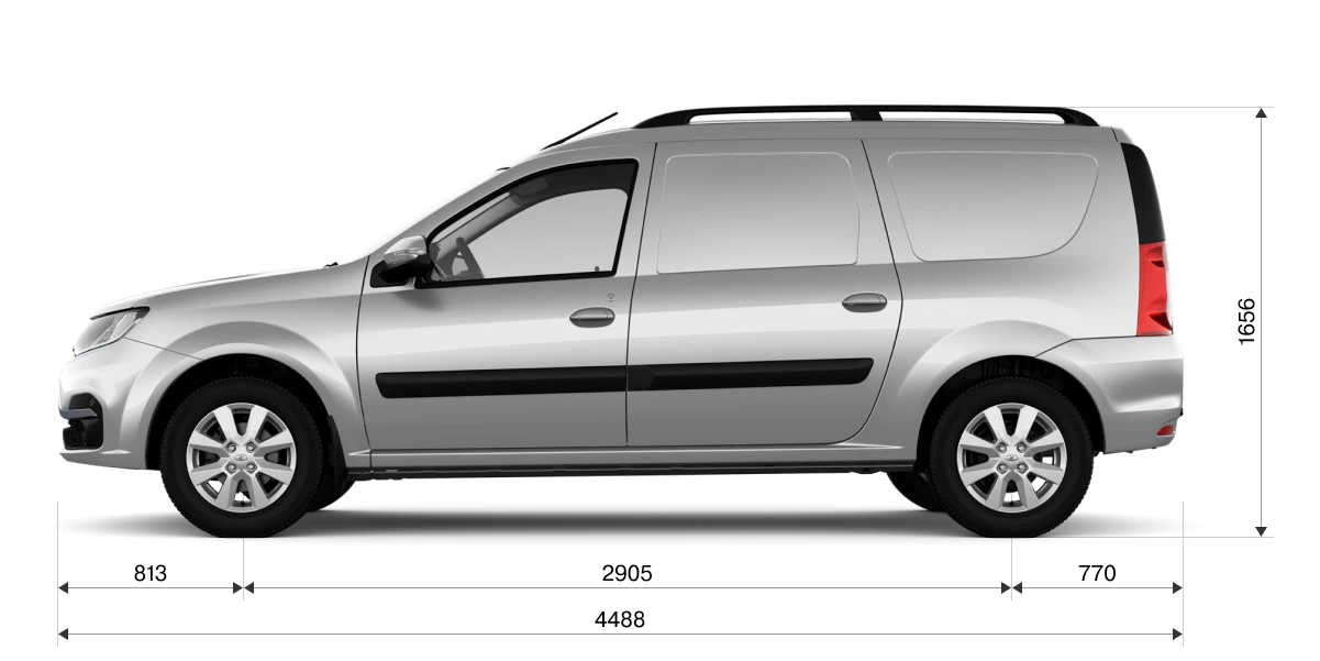 Габариты LADA Largus Furgon CNG сбоку: длина 4488 мм, высота 1656 мм