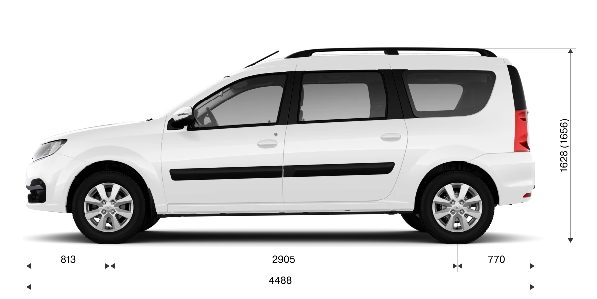 Габариты LADA Largus Universal CNG сбоку: длина 4488 мм, высота 1656 мм, колёсная база 2905 мм