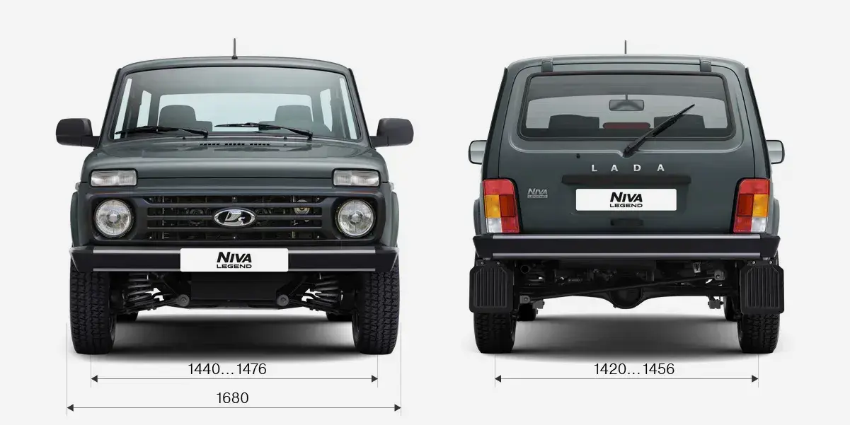 Габариты LADA Niva Legend 3-дв спереди и сзади: ширина 1680 мм, колея 1440-1476/1420-1456 мм