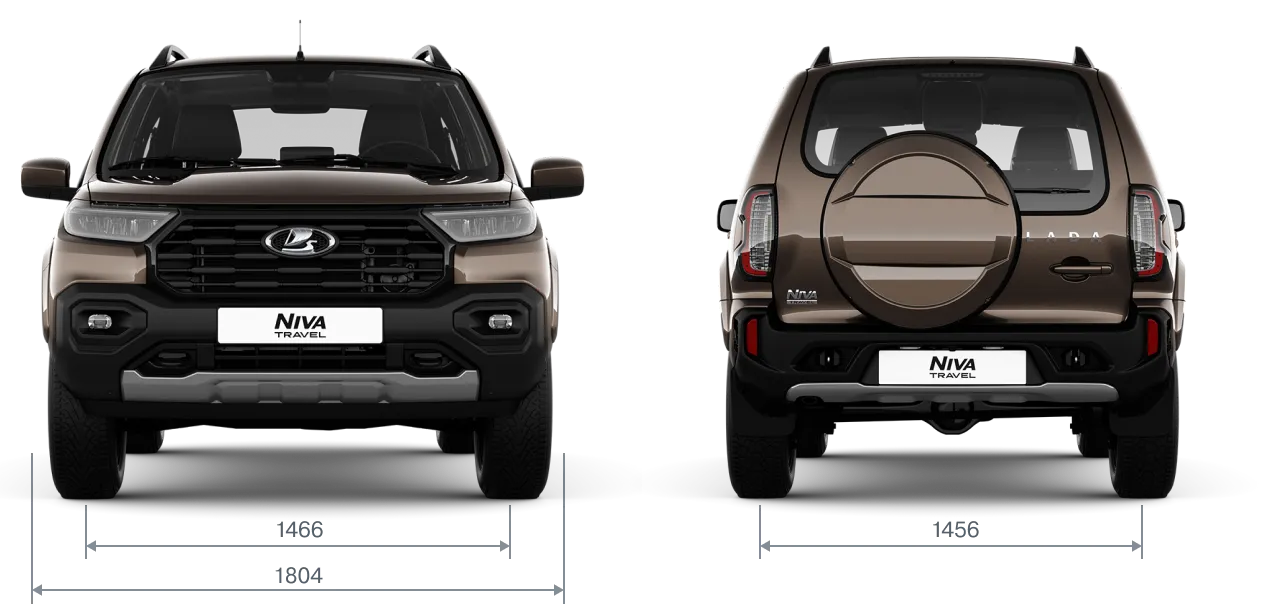 Габариты LADA Niva Travel спереди и сзади: ширина 1804 мм, колея 1466/1456 мм