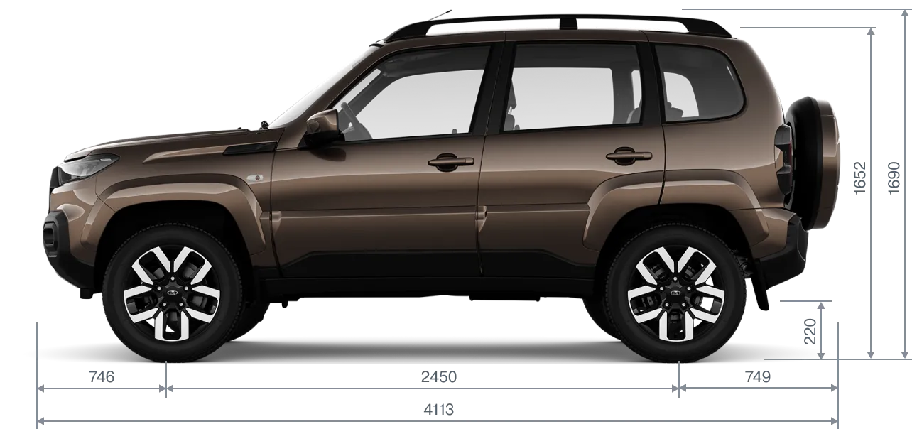 Габариты LADA Niva Travel сбоку: длина 4113 мм, высота 1652 мм, колёсная база 2450 мм, клиренс 220 мм