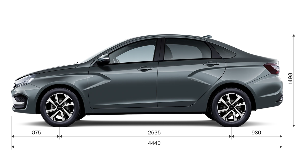 Габариты LADA Vesta седан сбоку: длина 4440 мм, высота 1498 мм, колёсная база 2635 мм
